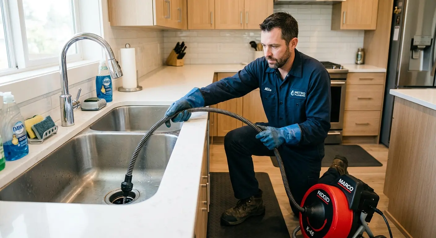 Drain cleaning technician using a motorized snake on a kitchen sink in Maine