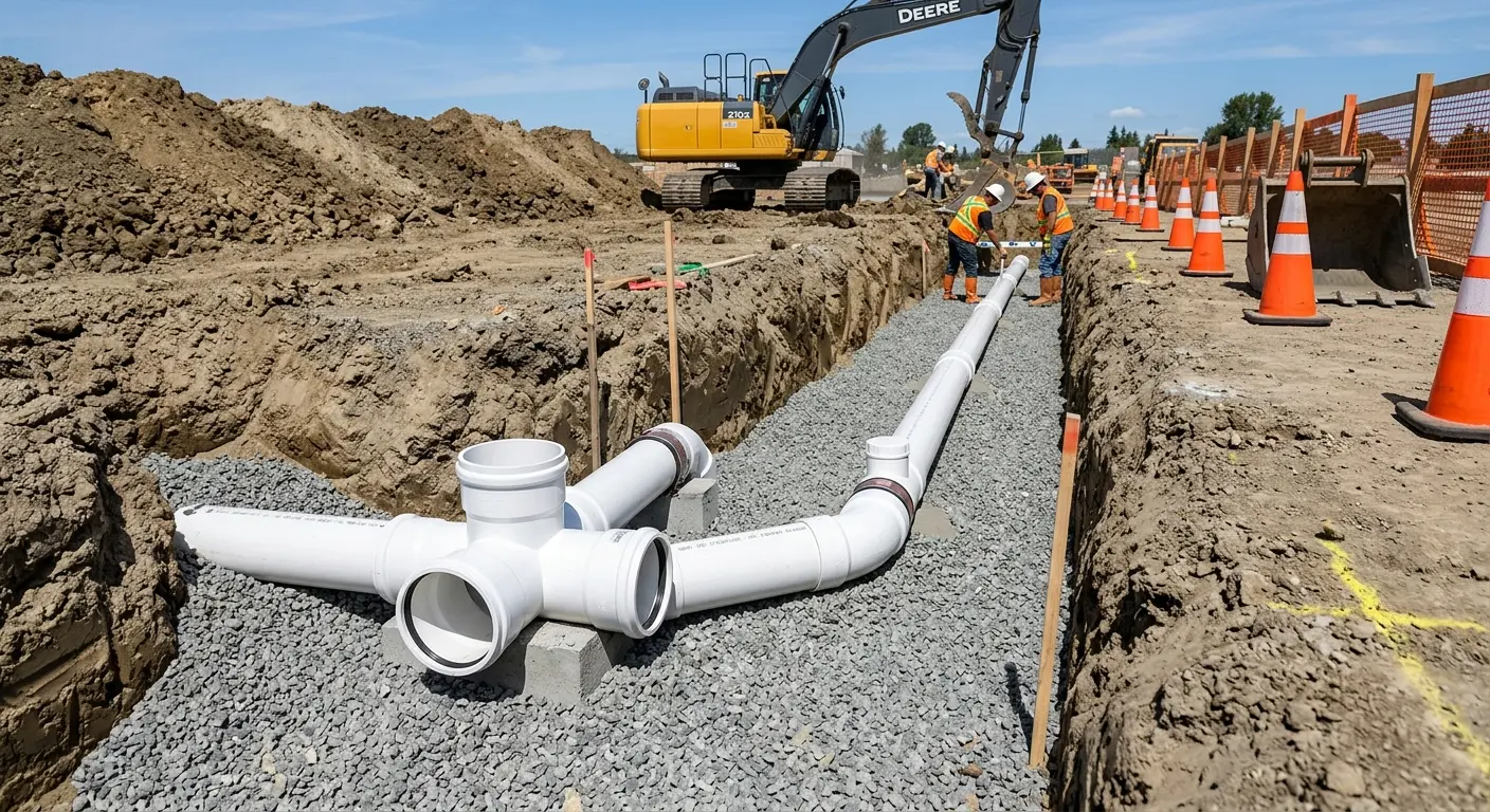New PVC sewer pipe installation in open trench for Commercial Drain Cleaning in Maine