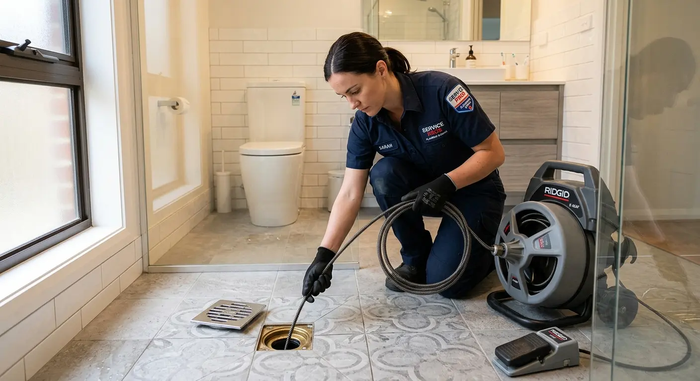 Technician clearing a bathroom floor drain for Clogged Drain Repair in Maine